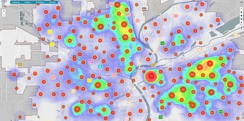 screenshot of a map of incidents with a heatmap overlay