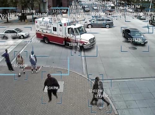 video image of overlayed people and traffic tagged with timestamps