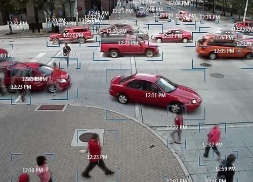 video image of overlayed red objects tagged with timestamps