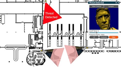 a map with camera feed and threat detection overlay