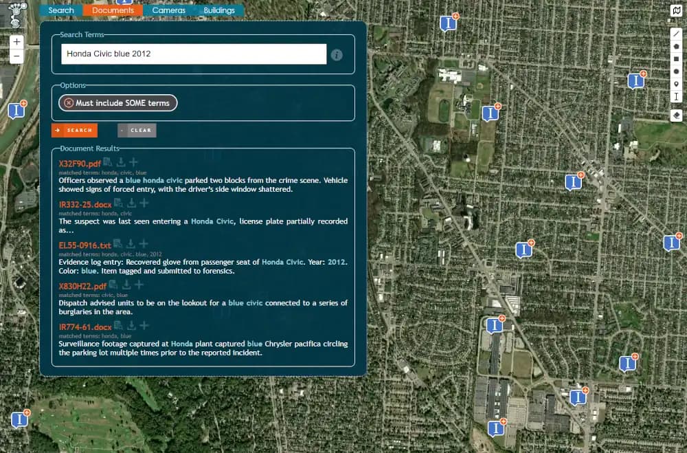 searchbar with keywords and a list of documents containing those terms