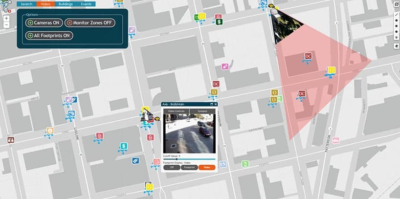 screenshot of a map with camera feeds orthorectified on top