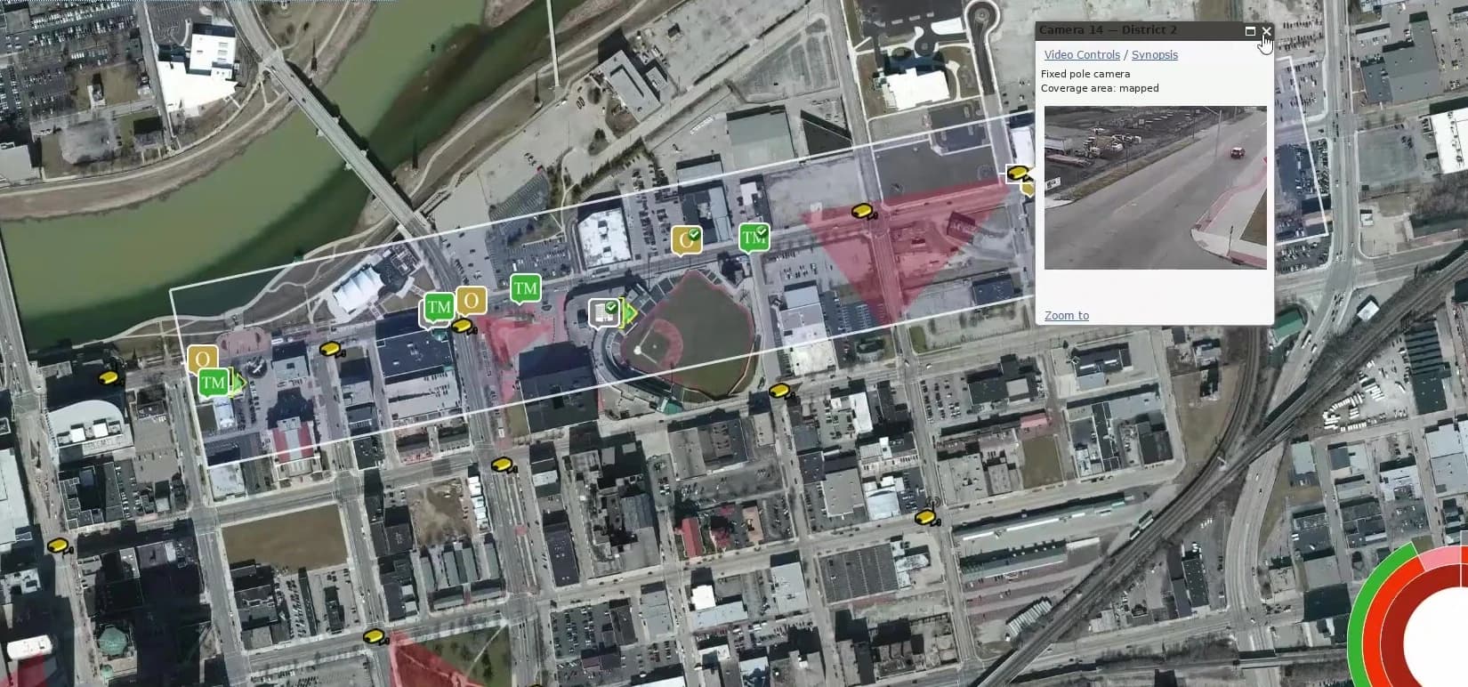 Footprint map showing mapped cameras, monitor zones and a live camera preview across a city district
